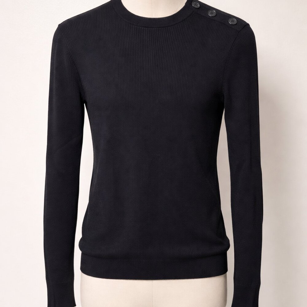 Lauren Ralph Lauren Black Rib Knit Elbow Patch Button Shoulder Sweater M Classic